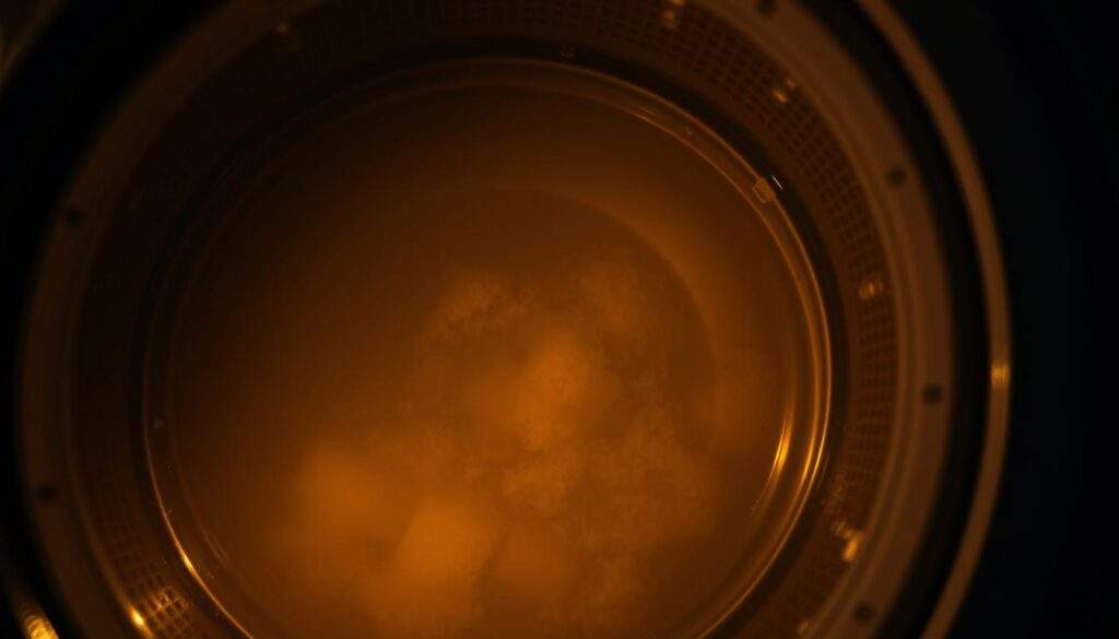 A dimly lit, closeup photograph of a washing machine drum, with a focus on the rubber gasket around the door. The drum is filled with a cloudy, discolored water, emitting a faint, musty odor. Mold and mildew are visible along the crevices and folds of the gasket, suggesting the source of the unpleasant smell. The image is shot from a low angle, emphasizing the depth and texture of the components. The lighting is warm and slightly diffused, creating an atmospheric, slightly unsettling mood.