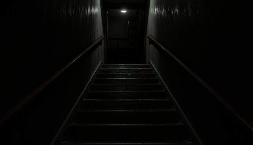 A dimly lit staircase, shadows cast by a single overhead light, steps appearing steep and imposing. The worn wooden treads, scuffed and uneven, suggest years of use. Handrails on both sides provide little reassurance, their grip uncertain. The stairwell opens onto a dark, foreboding landing, heightening the sense of danger. The scene is captured with the clarity and depth of field of an iPhone 16 Pro Max, drawing the viewer's eye through the precarious steps and into the ominous unknown beyond. A dimly lit staircase, shadows cast by a single overhead light, steps appearing steep and imposing. The worn wooden treads, scuffed and uneven, suggest years of use. Handrails on both sides provide little reassurance, their grip uncertain. The stairwell opens onto a dark, foreboding landing, heightening the sense of danger. The scene is captured with the clarity and depth of field of an iPhone 16 Pro Max, drawing the viewer's eye through the precarious steps and into the ominous unknown beyond.
