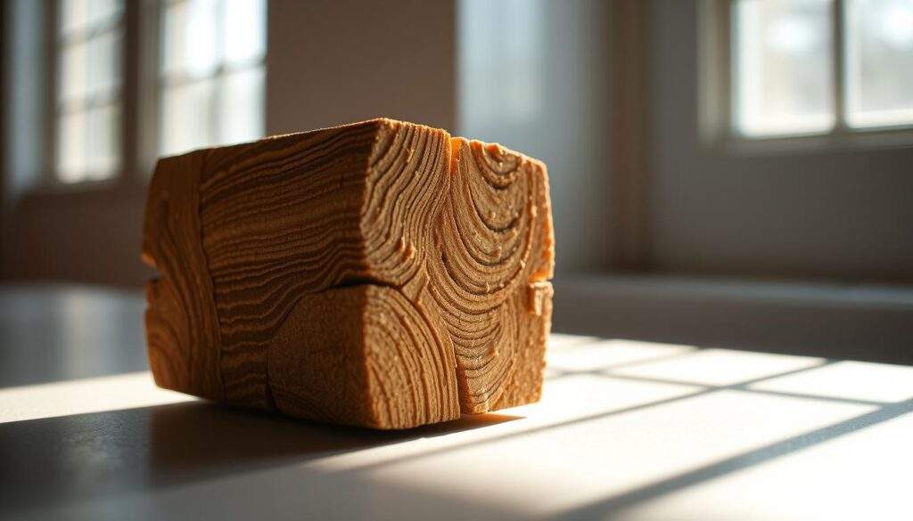 A high-quality close-up photograph of a briquette of Pini-Kay, a premium briquette fuel made from renewable pine tree biomass. The briquette is placed on a neutral surface, illuminated by natural daylight from a window, casting soft shadows. The texture and grain of the compressed wood fibers are clearly visible, giving a sense of the briquette's density and quality. The overall composition is simple and uncluttered, allowing the briquette to be the sole focus of the image. The lighting and angle create a warm, inviting atmosphere that highlights the natural beauty and craftsmanship of this specialized heating fuel.