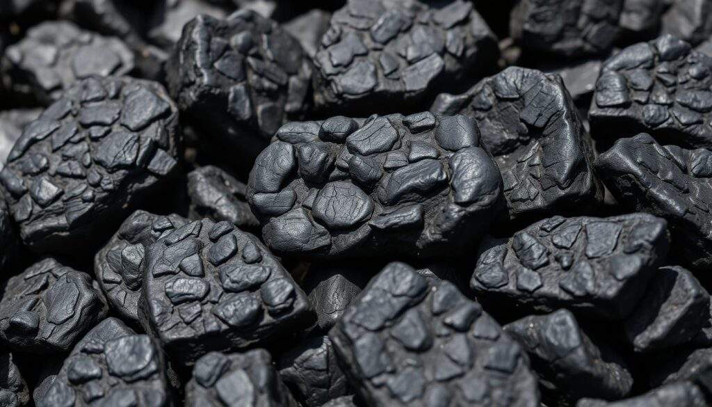 A high-quality close-up photograph of a pile of shiny, black bituminous coal chunks from the Sobieski coal mine. The coal pieces have a smooth, lustrous surface with distinct layers and veins, capturing the natural beauty and complexity of this valuable fossil fuel. The lighting is natural, with soft shadows accentuating the three-dimensional texture. The image is captured at a slightly elevated angle, providing a clear view of the coal's structure and inner composition. The background is blurred, keeping the focus solely on the captivating details of the Sobieski coal.