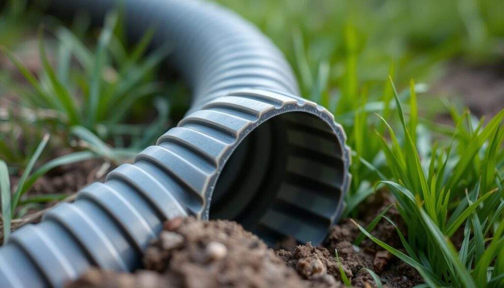 A high-quality, close-up photograph of a protective plastic cable sheath or conduit, partially buried in the soil, with a vibrant green grass background. The sheath has a matte, textured finish and displays a distinctive rib or corrugation pattern along its length, indicating its durability and suitability for underground cable installation. The lighting is natural, with soft shadows and highlights that emphasize the three-dimensional form of the cable sheath. The image is crisp, well-focused, and captures the importance of this protective layer for safeguarding electrical cables buried in the earth.