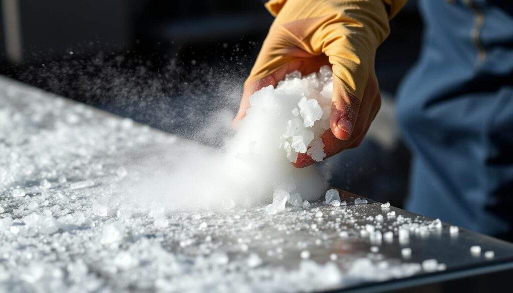 A high-quality, close-up photograph of dry ice cleaning in action. The image shows a worker's hand carefully applying dry ice pellets to a metal surface, creating a cloud of vapor as the cold ice sublimates. The lighting is natural, with soft shadows and highlights that accentuate the texture and details of the process. The background is blurred, keeping the focus on the intricate action in the foreground. The overall mood is one of precision, efficiency, and the innovative application of cryogenic technology in industrial cleaning. A high-quality, close-up photograph of dry ice cleaning in action. The image shows a worker's hand carefully applying dry ice pellets to a metal surface, creating a cloud of vapor as the cold ice sublimates. The lighting is natural, with soft shadows and highlights that accentuate the texture and details of the process. The background is blurred, keeping the focus on the intricate action in the foreground. The overall mood is one of precision, efficiency, and the innovative application of cryogenic technology in industrial cleaning.
