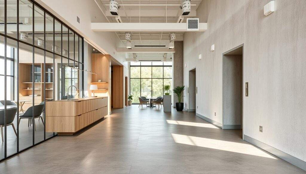A high-quality, high-resolution photograph of a modern commercial interior featuring mikrocement flooring and walls, captured with an iPhone 16 Pro Max. The space is a stylish, minimalist office or retail environment with clean lines, natural lighting, and a serene, professional atmosphere. The mikrocement surfaces have a smooth, uniform texture and a muted, earthy color palette that complements the contemporary design elements. The image showcases the versatility and practical applications of mikrocement in commercial settings, capturing its durability, low maintenance, and aesthetic appeal.