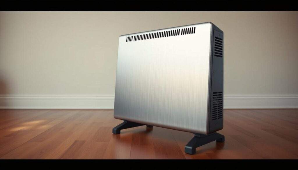 A high-quality infrared heater standing prominently on a hardwood floor, illuminated by warm, diffused lighting. The device's sleek, minimalist design features a metallic body and reflective front panel, radiating a sense of modern efficiency. The image is captured from a slightly elevated angle, highlighting the heater's clean, unobtrusive profile. The background is softly blurred, keeping the focus on the central subject and its technical details. The overall atmosphere is one of functional simplicity, conveying the practical yet sophisticated nature of this infrared heating solution.