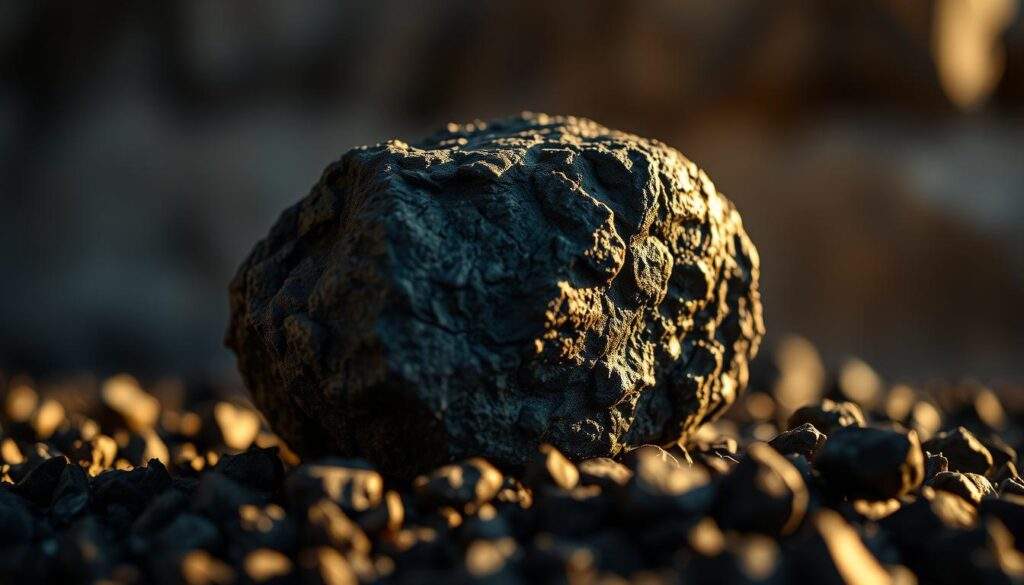 A high-quality photograph of a lump of coal, shot with an iPhone 16 Pro Max. The coal is positioned prominently in the center of the frame, illuminated by warm natural lighting that casts subtle shadows across its rough, pitted surface. The background is softly blurred, creating a sense of depth and focus on the coal. The image conveys the solid, substantial nature of the "Węgiel Sobieski" coal, with its distinct texture and coloration visible in crisp detail. The overall mood is one of quality, authenticity, and the reliable, dependable nature of this particular coal product.