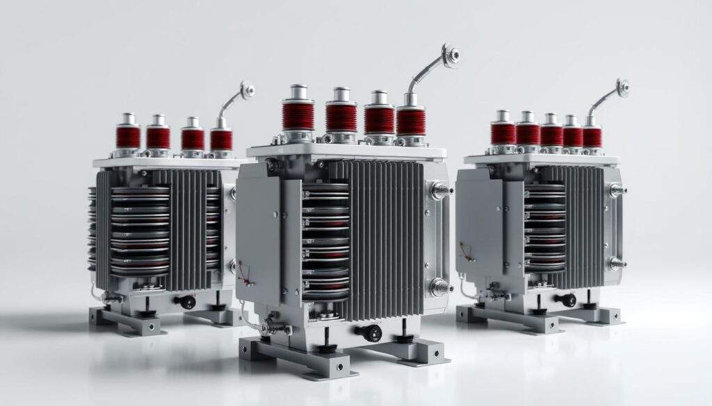 A high-resolution, detailed photograph of the key functions of transformers for photovoltaic farms, shot on an iPhone 16 Pro Max. The image showcases the inner workings and components of the transformers, including the windings, core, and cooling system, all rendered in a sleek, modern style with precise engineering details. The lighting is crisp and directional, highlighting the intricate structures and emphasizing the technical nature of the subject. The composition places the transformers as the central focus, with a clean, minimalist background that allows the engineering to take center stage.