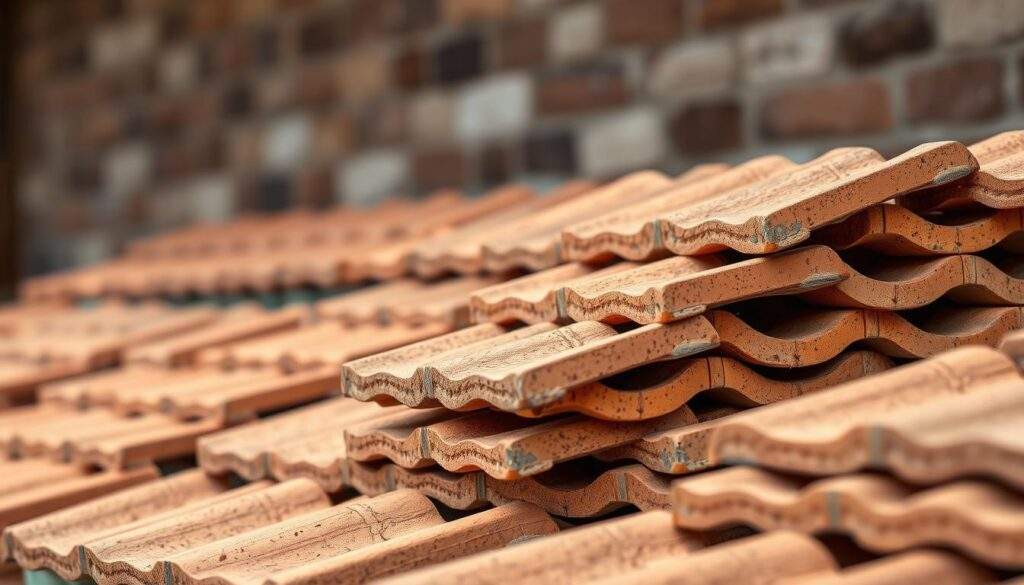 A high-resolution photograph of a stack of traditional ceramic roofing tiles, shot from a low angle with an iPhone 16 Pro Max. The tiles are in a variety of warm, earthy tones, with intricate textures and patterns that catch the soft, natural lighting. The tiles are arranged in an orderly, symmetrical fashion, showcasing their durability and timeless aesthetic. The background is blurred, allowing the viewer to focus on the tactile details and craftsmanship of the ceramic tiles. The overall mood is one of rustic elegance and timeless craftsmanship. A high-resolution photograph of a stack of traditional ceramic roofing tiles, shot from a low angle with an iPhone 16 Pro Max. The tiles are in a variety of warm, earthy tones, with intricate textures and patterns that catch the soft, natural lighting. The tiles are arranged in an orderly, symmetrical fashion, showcasing their durability and timeless aesthetic. The background is blurred, allowing the viewer to focus on the tactile details and craftsmanship of the ceramic tiles. The overall mood is one of rustic elegance and timeless craftsmanship.