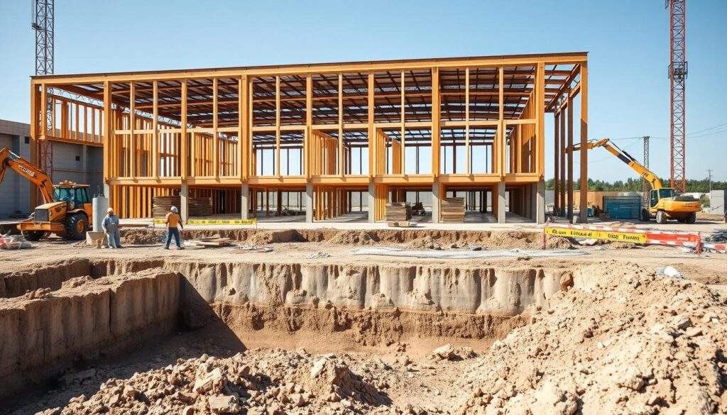 A high-resolution, realistic photograph taken with an iPhone 16 Pro Max, showcasing the key cost factors of constructing a warehouse building. In the foreground, a foundation being poured, with construction workers and heavy machinery visible. In the middle ground, a partially completed frame structure, highlighting the materials and labor required. In the background, a warehouse building in the final stages, showcasing the scale and complexity of the project. The scene is bathed in natural light, capturing the textures and details of the construction process. The overall atmosphere conveys the challenges and considerations that contribute to the total cost of building a warehouse facility.