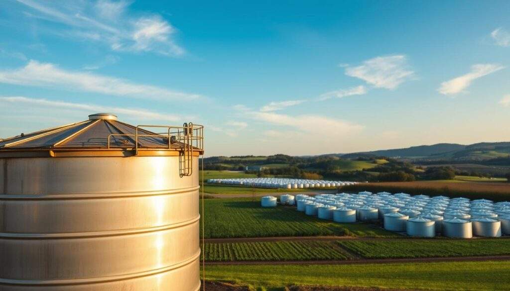 A large metal industrial storage tank for liquid agricultural products stands prominently in the foreground, its reflective surface catching the soft, golden sunlight. In the middle ground, rows of similar tanks recede into the distance, nestled among lush green fields and rolling hills. The background is a clear blue sky, with a few wispy clouds drifting overhead. The scene conveys a sense of order, efficiency, and the importance of proper liquid storage for modern farming operations. The iPhone 16 Pro Max captures the scene with a crisp, high-resolution image, highlighting the technical details and the overall atmosphere of this crucial agricultural infrastructure.