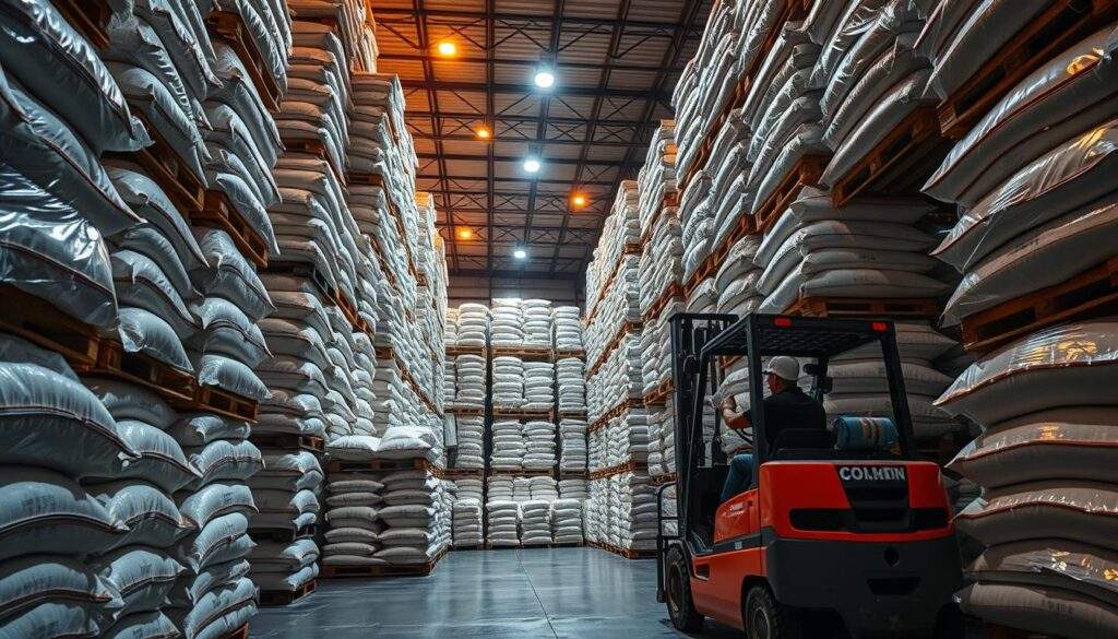 A large warehouse filled with pallets of cement bags, illuminated by warm industrial lighting. The pallets are stacked neatly, their contents visible through the transparent plastic wrapping. A forklift operator carefully navigates the aisles, loading and unloading the pallets with efficiency. The scene conveys the logistical challenges of transporting and storing cement, a crucial material for construction projects. The camera angle captures the scale and organization of the warehouse, highlighting the importance of careful planning and coordination in the cement supply chain.