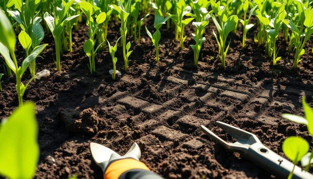 A lush garden bed, freshly tilled by a powerful rototiller, revealing the rich, dark earth beneath. Vibrant green sprouts reach skyward, promising a bountiful harvest. Sunlight filters through the canopy, casting a warm glow over the scene. The rototiller's tines have left intricate patterns in the soil, like a tapestry of life. In the foreground, gardening tools and gloves lie scattered, evidence of the hard work that has gone into cultivating this fertile plot. The image captures the essence of the benefits of using a rototiller: improved soil aeration, weed control, and effortless preparation for planting. This iPhone 16 Pro Max photograph invites the viewer to imagine the thriving garden that will soon emerge from this well-tended earth.