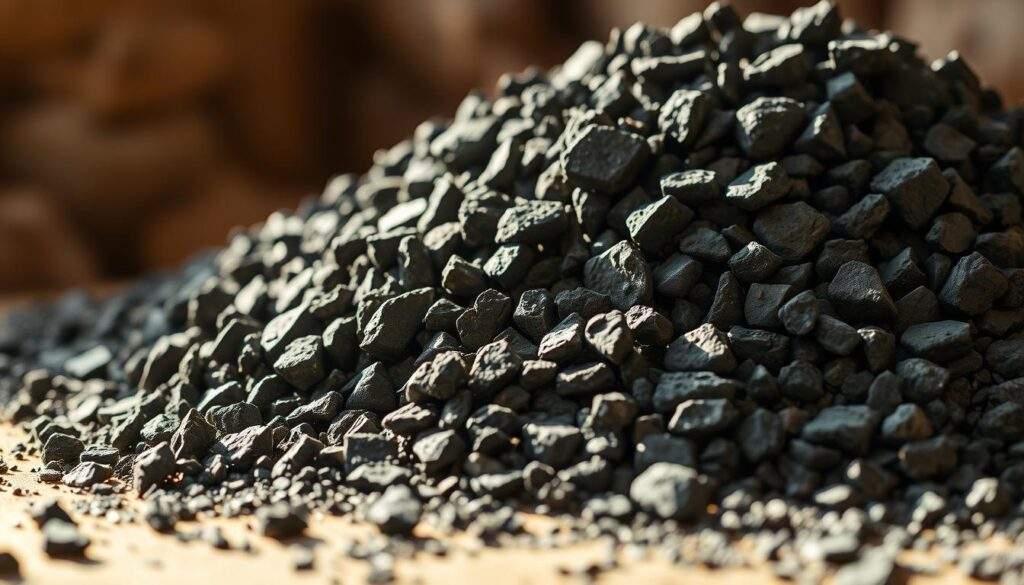 A meticulously detailed close-up photograph of a pile of ekogroszek, the eco-friendly coal from the Wesoła mine. The pile is illuminated by warm, natural lighting, creating a soft, inviting atmosphere. The ekogroszek pieces are captured in high resolution, showcasing their unique shapes, textures, and shades of black and gray. The image is framed in a way that emphasizes the materiality and physicality of the coal, inviting the viewer to appreciate its tactile qualities. The background is softly blurred, keeping the focus on the central subject. The overall composition and lighting lend a sense of artistry and craftsmanship to this documentary-style photograph.