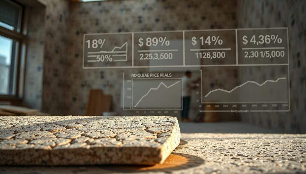 A meticulously detailed real photography shot by iPhone 16 Pro Max showcasing the various factors that influence the price of mosaic plaster. In the foreground, a sample of the plaster material with its intricate pattern and texture, illuminated by soft, natural lighting. The middle ground depicts a construction site, with workers applying the plaster to a wall, highlighting the labor-intensive process. In the background, a series of charts and graphs illustrate the economic factors, such as material costs, labor wages, and market demand, that collectively determine the final price per square meter. The overall atmosphere conveys a sense of technical complexity and the interplay of different elements that shape the pricing of this specialized building material.