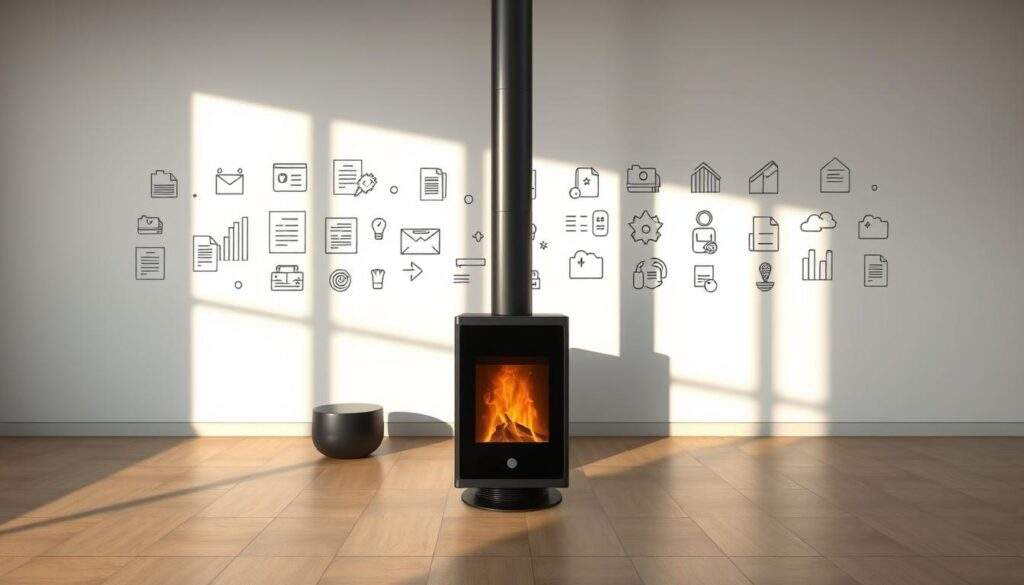 A modern, clean-lined heating appliance stands prominently in the foreground, its sleek form casting long shadows across a well-lit, minimalist interior. Behind it, a shifting array of regulatory documents and icons symbolizes the evolving legal framework governing eco-coal furnaces. The entire scene is captured with the crisp clarity and vibrant colors of a high-end smartphone camera, conveying a sense of both technical precision and contemporary design aesthetic.