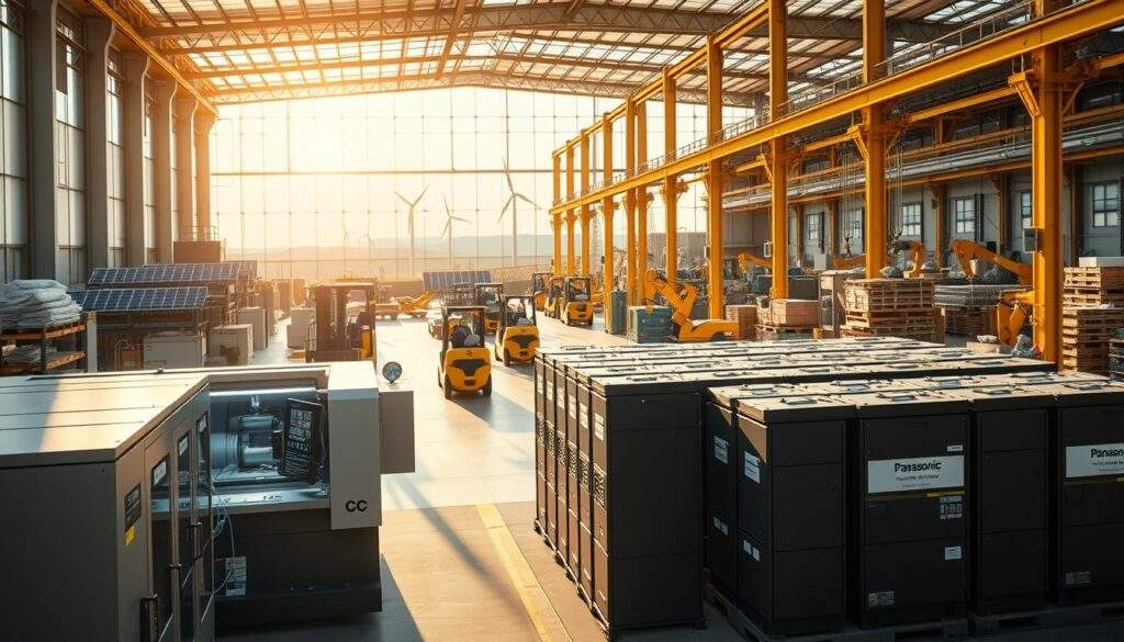 A modern industrial facility, with rows of Panasonic lithium-ion batteries powering various equipment and machinery. The scene is bathed in warm, natural lighting, casting long shadows and highlighting the sleek, compact design of the batteries. In the foreground, a battery bank powers a CNC machine, while in the middle ground, forklifts and robotic arms move materials around the warehouse. In the background, renewable energy sources like solar panels and wind turbines can be seen, underscoring the versatility and sustainability of Panasonic's industrial battery solutions. The overall atmosphere conveys a sense of efficiency, innovation, and environmental responsibility.