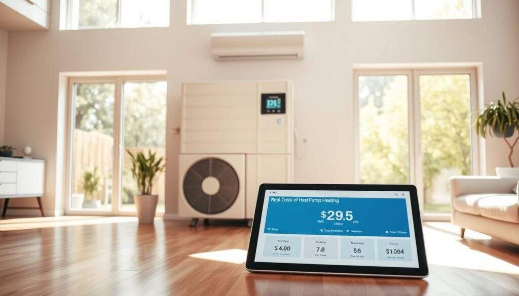 A modern, sleek home interior with a prominent heat pump system taking center stage. Sunlight streams through large windows, casting warm tones across the polished hardwood floors and minimalist furniture. The heat pump's digital display shows energy consumption metrics, highlighting its efficiency. In the foreground, a tablet or laptop displays a comparison of heating costs, providing a tangible illustration of the "real costs of heat pump heating." The scene conveys a sense of comfort, sustainability, and informed decision-making about home energy solutions.