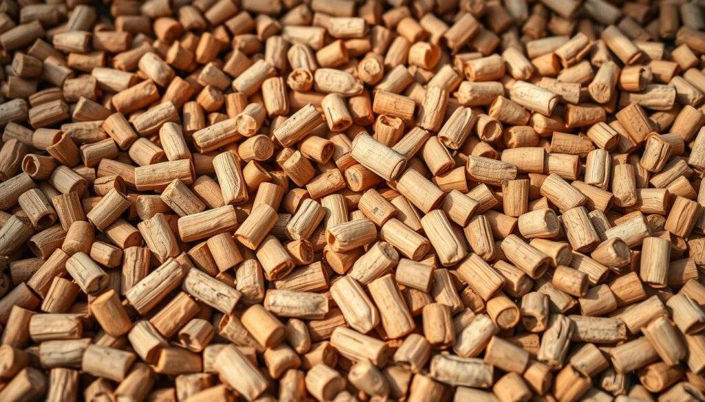 A pile of oak and beech wood pellets, captured in a high-resolution close-up photograph. The pellets are evenly distributed, showcasing their distinct golden-brown hues and cylindrical shapes. The lighting is natural, casting soft shadows that accentuate the texture and depth of the pellets. The background is blurred, keeping the focus on the intricate details of the wood mixture. The image conveys a sense of warmth, quality, and the inherent properties of this renewable biofuel. The overall composition and clarity suggest a professional, documentary-style photograph taken with a high-end iPhone 16 Pro Max camera.