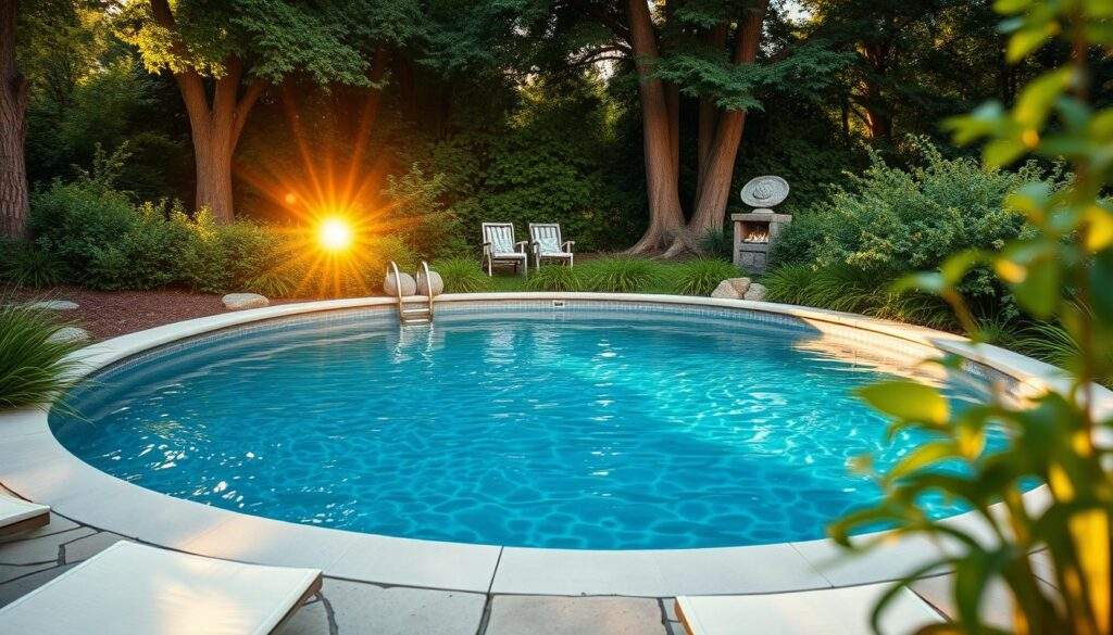 A serene, in-ground garden pool nestled amidst lush greenery. The sun casts a warm, golden glow, reflecting off the gently rippling surface. Smooth stone paving leads to the pool's edge, inviting tranquil relaxation. Towering trees frame the scene, creating a sense of seclusion and privacy. The pool's crystal-clear water beckons, promising a refreshing escape on a balmy summer day. Captured with the clarity and depth of an iPhone 16 Pro Max, this image conveys the allure of a backyard oasis - a worthwhile investment to enhance one's living experience.