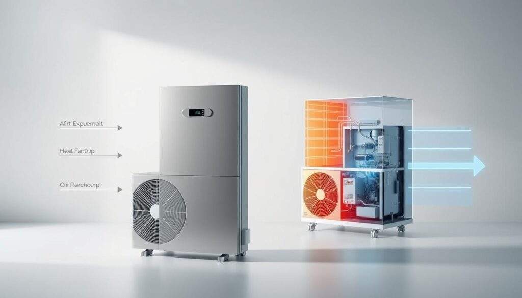 A sleek, modern air-source heat pump system set against a clean, minimalist backdrop. The pump unit stands prominently in the foreground, its metallic casing gleaming under the soft, diffused lighting. Arrows and diagrams illustrate the flow of air and heat exchange, providing a clear visual explanation of the heat pump's operation. The middle ground features a cutaway view, revealing the internal components and mechanisms that drive the system. In the background, a subtle gradient transitions from cool tones to warmer hues, symbolizing the pump's role in transferring heat. The overall composition has a technical, yet elegant feel, capturing the essence of an air-source heat pump in a manner suitable for an informative article.
