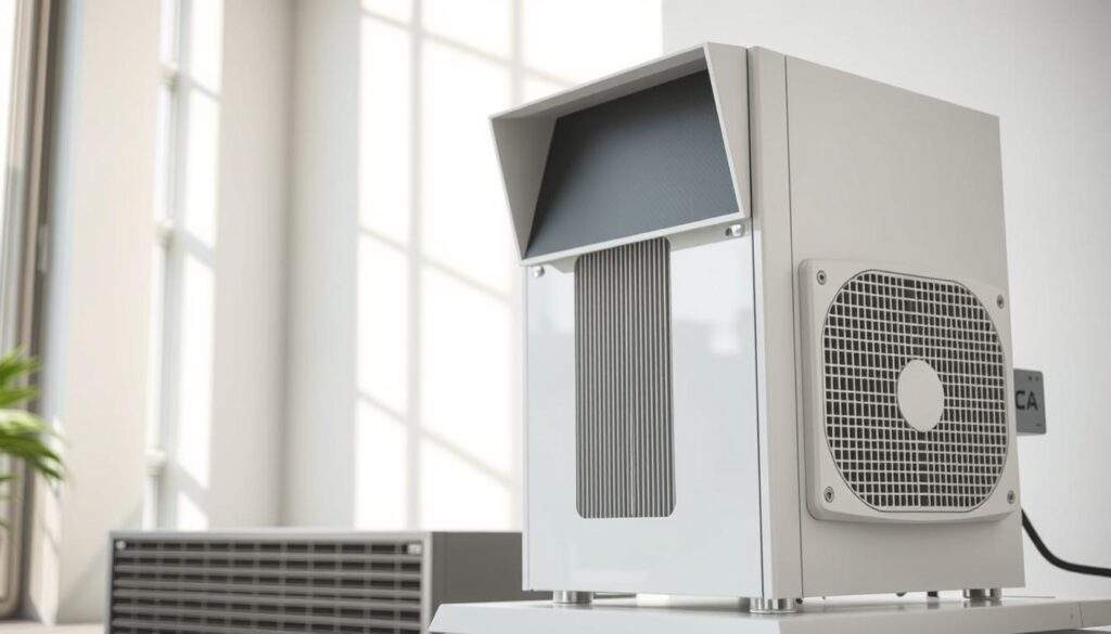 A sleek, modern, and well-designed heat recovery ventilator (HRV) unit, shot with an iPhone 16 Pro Max in a bright, clean, and minimalistic interior. The HRV is prominently featured in the foreground, its clean lines and high-quality materials capturing the attention. The middle ground showcases the HRV's functional components, such as the air intake and exhaust vents, while the background features a simple, neutral-toned wall, allowing the device to stand out. The lighting is soft and natural, highlighting the HRV's technical details and creating an atmosphere of efficiency and innovation. The overall image conveys the purpose and importance of the HRV in maintaining a healthy, energy-efficient indoor environment.