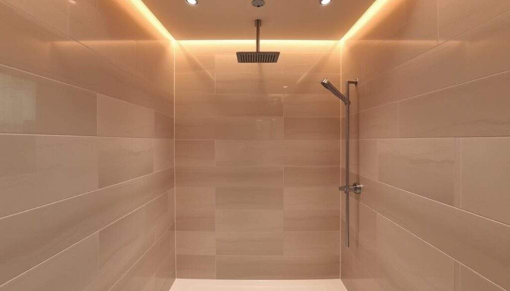 A spacious, modern bathroom with an open, walk-in shower design. The shower area features sleek, minimalist tiles in a neutral palette, creating a harmonious and spa-like ambiance. Warm, indirect lighting casts a soft glow, accentuating the clean lines and creating a tranquil, relaxing atmosphere. The shower head is mounted on an adjustable arm, allowing for a customizable showering experience. The lack of a traditional shower enclosure or cabin gives the space an airy, uncluttered feel, making it appear larger and more inviting. This image captures the beauty and practicality of a shower without a cabin, showcasing a modern, functional, and visually appealing design solution. A spacious, modern bathroom with an open, walk-in shower design. The shower area features sleek, minimalist tiles in a neutral palette, creating a harmonious and spa-like ambiance. Warm, indirect lighting casts a soft glow, accentuating the clean lines and creating a tranquil, relaxing atmosphere. The shower head is mounted on an adjustable arm, allowing for a customizable showering experience. The lack of a traditional shower enclosure or cabin gives the space an airy, uncluttered feel, making it appear larger and more inviting. This image captures the beauty and practicality of a shower without a cabin, showcasing a modern, functional, and visually appealing design solution.