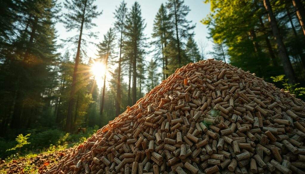 A stunning wide-angle shot of a lush, forested landscape, with a towering pile of wooden pellets taking center stage. The sun's warm rays filter through the verdant canopy, casting a soft, natural glow over the scene. In the foreground, the intricate texture and rich hue of the oak-based pellets stand out, inviting the viewer to appreciate their organic origins. The background features a mix of towering pines and deciduous trees, conveying a sense of environmental harmony. The overall mood is one of tranquility and sustainability, perfectly capturing the essence of "ecological energy source." Crisp, high-resolution details and a cinematic, lifelike quality, as if captured by a professional iPhone 16 Pro Max camera.