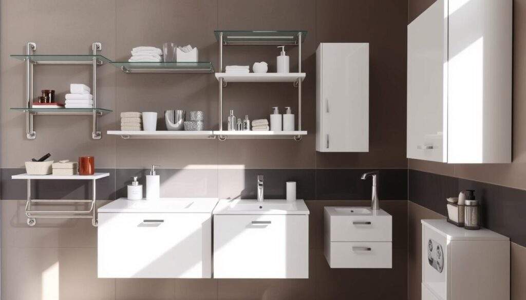 A stylish and functional bathroom storage system, showcasing a variety of wall-mounted shelves, minimalist cabinets, and sleek, chrome-accented accessories. The scene is captured with natural lighting streaming in, casting soft shadows and highlighting the clean, modern design. The arrangement creates a visually appealing and practical storage solution for a small bathroom, optimizing the limited space while maintaining a visually harmonious and clutter-free aesthetic.