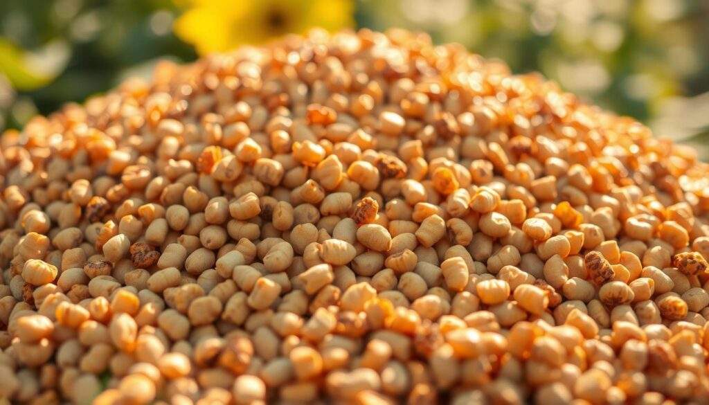 A sun-dappled sunflower seed pellet pile, its rich golden hues reflecting the warmth of the season. Captured with the vivid clarity of an iPhone 16 Pro Max, the image showcases the texture and grain of the pellets, inviting the viewer to reach out and feel their earthy, organic quality. The lighting is soft and diffused, creating a natural, ambient atmosphere that highlights the pellets' sheen. The composition places the pellets centrally, allowing them to take center stage, while a hint of blurred greenery in the background suggests a verdant setting. This image perfectly encapsulates the current prices and availability of sunflower seed pellets in the 2025/26 season.