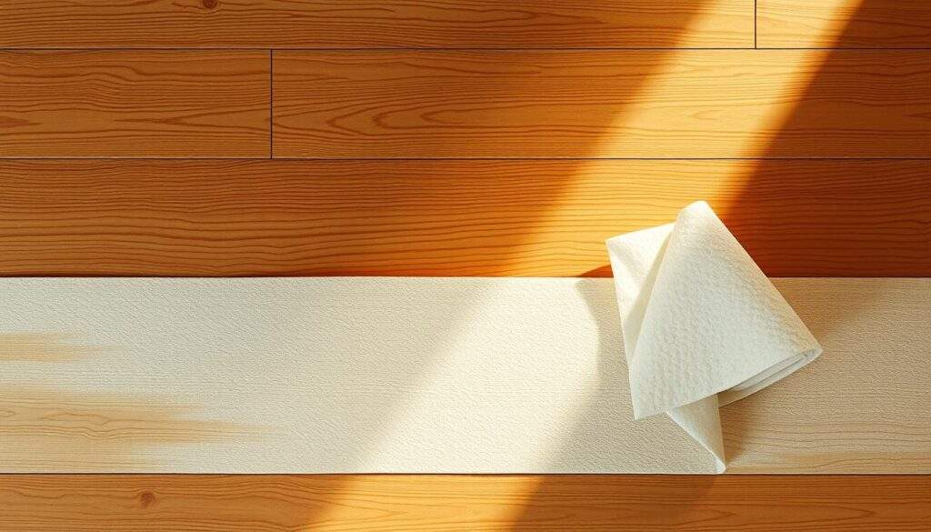 A warm, well-lit overhead shot of a hardwood floor being insulated with a thick, high-quality foam underlayment. The underlayment is being carefully unrolled and fitted into the space between the floor joists, creating a snug, seamless layer of thermal and acoustic insulation. The lighting is soft and diffused, highlighting the textured surface of the wood and the smooth, uniform coverage of the underlayment. The angle provides a clear view of the insulation process, showcasing the importance of proper floor insulation for maximizing comfort and energy efficiency under panels.
