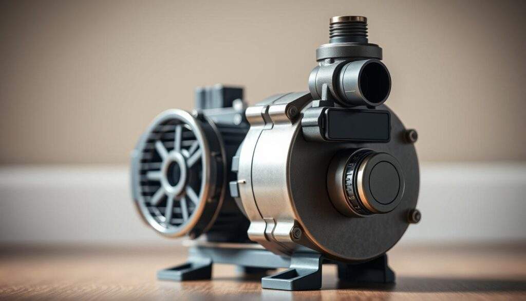 A well-lit, close-up photograph of a modern, high-efficiency central heating circulator pump. The pump is positioned prominently in the foreground, its metallic housing gleaming under soft, directional lighting. The background is slightly blurred, drawing the viewer's attention to the intricate details of the pump's components - the impeller, motor, and control interface. The image conveys a sense of technical precision and the importance of this crucial piece of home heating equipment. The overall tone is one of professionalism and attention to detail, reflecting the technical nature of the subject matter.