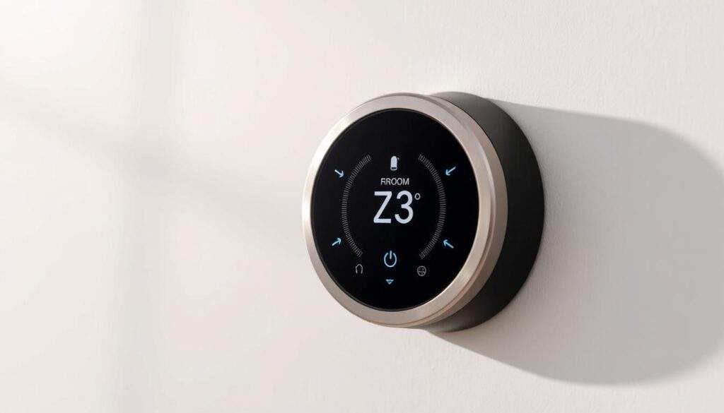 A well-lit, close-up photograph of a modern, sleek thermostat controller for a home heating system. The device is made of brushed metal and matte black plastic, with a large circular display and touch-sensitive controls. The display shows the current room temperature and a simple, intuitive interface for adjusting the temperature setpoint. The thermostat is mounted on a white wall, casting soft shadows. The composition emphasizes the device's clean, minimalist design and its central role in regulating the indoor climate. The image has a sense of precision and functionality, conveying the essential nature of a room temperature controller.