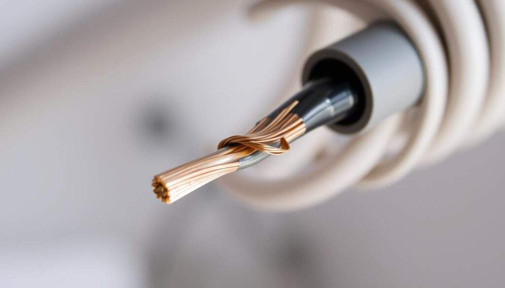 A well-lit, close-up photograph of two distinct electrical wires, neatly separated from a single bundled cable. The wires are illuminated from the side, casting soft shadows that emphasize their cylindrical forms. The image is focused on the point of separation, showcasing the clean, precise split between the wires. The background is blurred, keeping the viewer's attention on the main subject. The overall scene conveys a sense of order, efficiency, and the benefits of properly managing electrical infrastructure. The lighting and composition evoke a professional, technical aesthetic suitable for an instructional article.