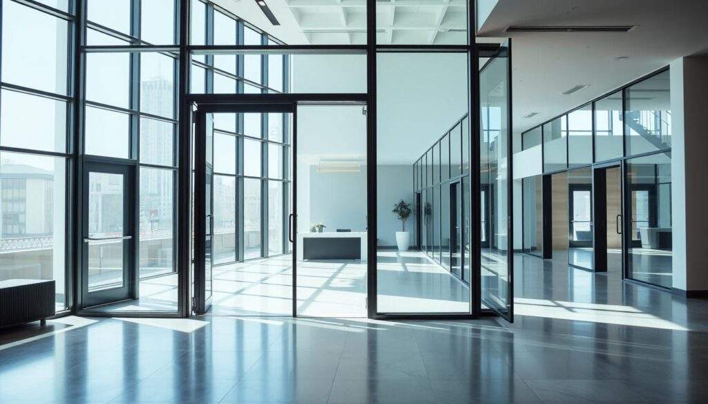 A well-lit, high-resolution photograph of a modern commercial building interior, showcasing the pivotal role of fire-resistant glazing and door systems. The frame captures a spacious lobby with floor-to-ceiling windows, illuminated by natural light filtering through tinted, fire-rated glass panels. In the foreground, a sleek, fire-rated glass door stands open, inviting visitors while maintaining critical safety standards. The middle ground features a reception desk and seating area, surrounded by additional fire-resistant glazing that seamlessly integrates into the overall design. The background reveals a glimpse of the building's corridors, where strategically placed fire-rated doors and windows ensure the occupants' security. The overall scene conveys a harmonious blend of aesthetics and functionality, emphasizing the importance of fire-resistant fenestration in commercial architecture.