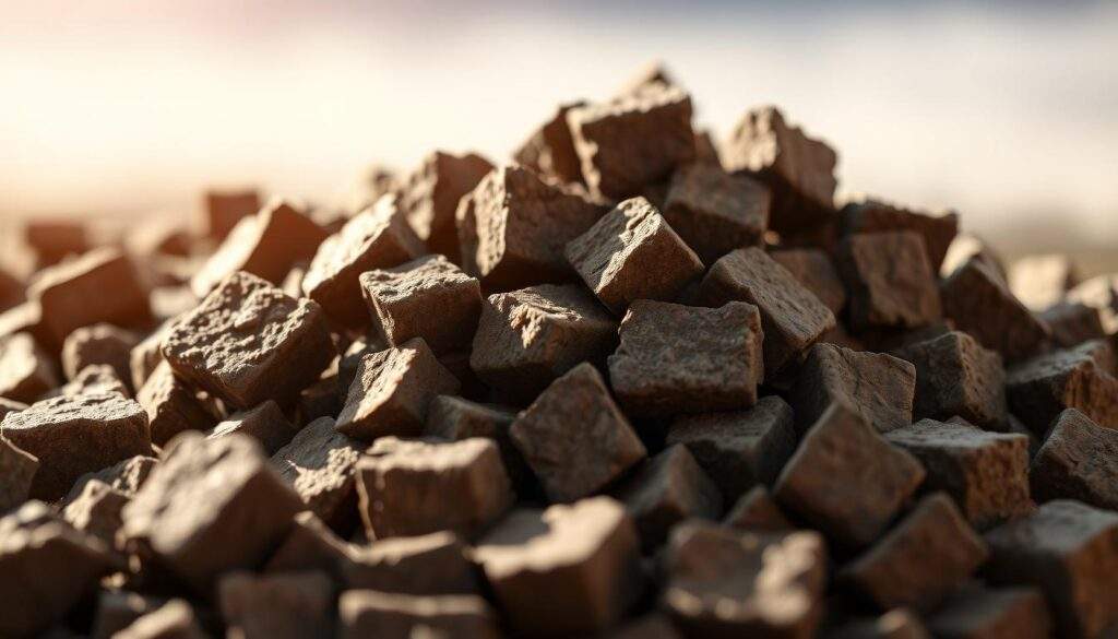 A well-lit, high-resolution photograph of a pile of Ekogroszek "Karlik" coal briquettes, shot at an angle with a shallow depth of field to highlight the texture and hue of the individual pieces. The briquettes are arranged in an appealing, natural-looking manner, showcasing their uniform shape and size. The background is softly blurred, allowing the viewer to focus on the tactile qualities of the coal. Warm, natural lighting casts subtle shadows, accentuating the contours and highlighting the sheen of the surface. The overall composition conveys the premium quality and desirable properties of this particular type of Ekogroszek.