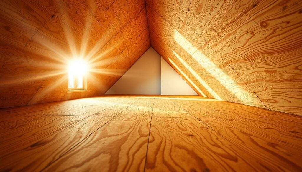 A well-lit, high-resolution photograph of a warm, cozy attic space featuring the natural beauty of oriented strand board (OSB) panels. The foreground showcases the rich, wood-grain texture and warm tones of the OSB, with sunlight streaming through the windows, casting a soft, golden glow. The middle ground presents a clean, minimalist interior design, highlighting the versatility and aesthetic appeal of OSB as a building material. In the background, subtle shadows and architectural details accentuate the modern, yet rustic ambiance. Captured with an iPhone 16 Pro Max, this image conveys the inviting and practical advantages of an OSB-clad attic.