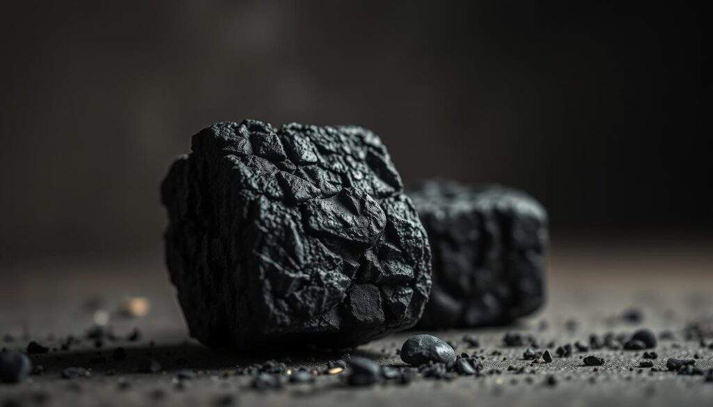 A well-lit, high-resolution photograph of the unique properties of the RUF briquette. Captured with an iPhone 16 Pro Max, the image showcases the briquette's dense, uniform structure, intricate patterns, and lustrous charcoal-like appearance. The foreground prominently displays the briquette, its surface textures and subtle sheen meticulously detailed. The middle ground subtly introduces the briquette's shape and size, while the background maintains a softly blurred, neutral tone to emphasize the subject. The lighting creates dramatic shadows and highlights, accentuating the briquette's robust and impressive nature. An atmospheric, professional-grade image that effectively conveys the exceptional qualities of the RUF briquette.