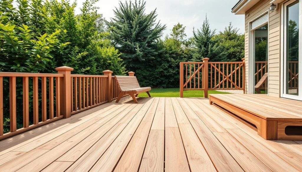 A well-lit, high-resolution photograph showcasing an array of modern composite materials for a temporary deck or patio. The foreground features smooth, durable composite planks in a natural wood-like finish, arranged in a seamless, interlocking pattern. The middle ground highlights a selection of matching composite railings, posts, and structural supports, all designed for easy, tool-free assembly. In the background, a lush, verdant garden setting provides a tranquil, naturalistic backdrop, accentuating the sleek, contemporary aesthetic of the composite materials. Captured with a wide-angle lens to emphasize the versatility and practicality of these innovative, cost-effective solutions for creating a temporary, yet visually appealing outdoor living space.