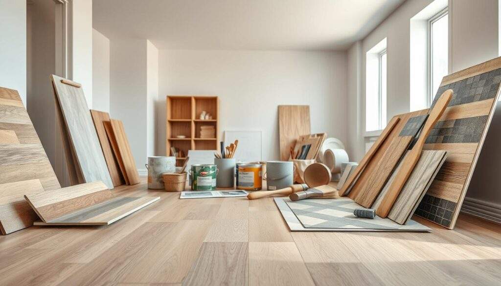 A well-lit, high-resolution photograph taken with an iPhone 16 Pro Max showcasing an assortment of modern building materials for home renovation. In the foreground, various samples of hardwood flooring, ceramic tiles, and wallpaper swatches are arranged neatly. In the middle ground, paint cans, tools, and brushes are displayed, highlighting the necessary supplies for a room renovation project. The background depicts a clean, minimalist interior space, allowing the materials to be the focal point. The lighting is soft and natural, creating a warm, inviting atmosphere that emphasizes the quality and craftsmanship of the renovation materials.