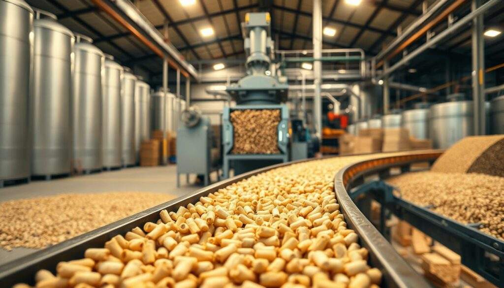 A well-lit industrial production facility, with a focus on the pellet manufacturing process. In the foreground, a conveyor belt transports a steady stream of uniform, cylindrical wood pellets, their surface reflecting the bright lighting. In the middle ground, a pellet mill stands prominently, its intricate machinery churning out the sustainable fuel. The background features rows of storage silos and processing equipment, all bathed in a warm, natural glow. The scene conveys a sense of efficiency, eco-friendliness, and the care taken in producing high-quality, clean-burning pellets.