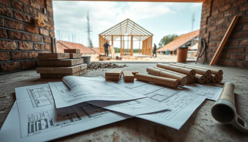 A well-lit, wide-angle photograph taken with an iPhone 16 Pro Max showcasing the key factors influencing the cost of constructing a masonry garage. In the foreground, detailed blueprints and architectural plans lay spread out, highlighting the importance of design and planning. The middle ground features a selection of construction materials - bricks, mortar, lumber, and roofing tiles - demonstrating the impact of material costs. In the background, a partially built garage structure stands, with workers in the distance, conveying the significance of labor expenses. The overall scene conveys a sense of pragmatic professionalism, reflecting the practical considerations that shape the final price tag of a masonry garage project.