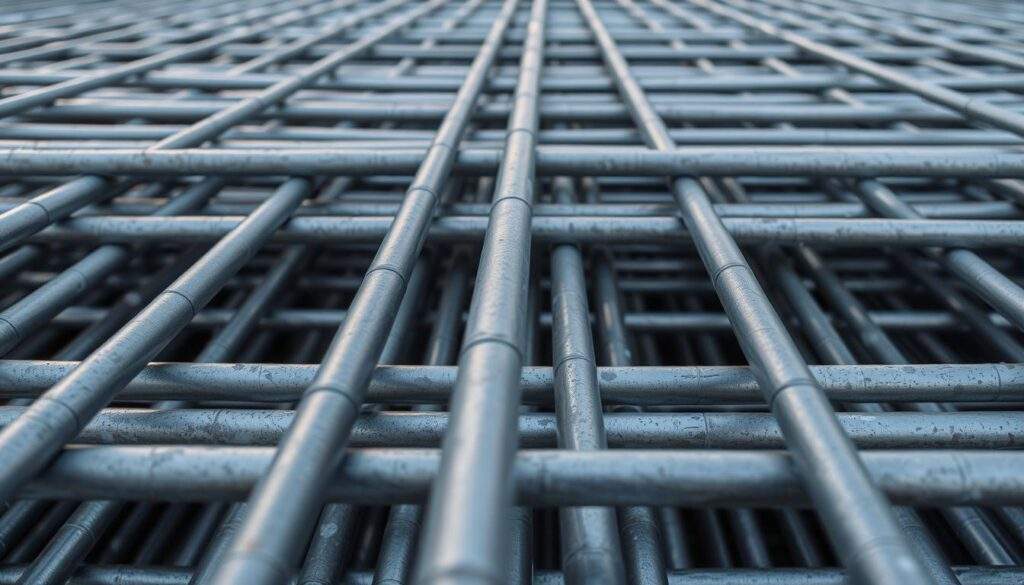 Detailed close-up photograph of steel reinforcement bars, also known as rebar or reinforcement steel, shot with an iPhone 16 Pro Max. The long, parallel metal rods are arranged in a grid-like pattern, creating a strong and durable structure. The cool, metallic surface reflects the soft lighting, highlighting the smooth texture and subtle variations in the material. The composition emphasizes the robust, utilitarian nature of the reinforcement bars, conveying their essential role in construction and civil engineering projects.