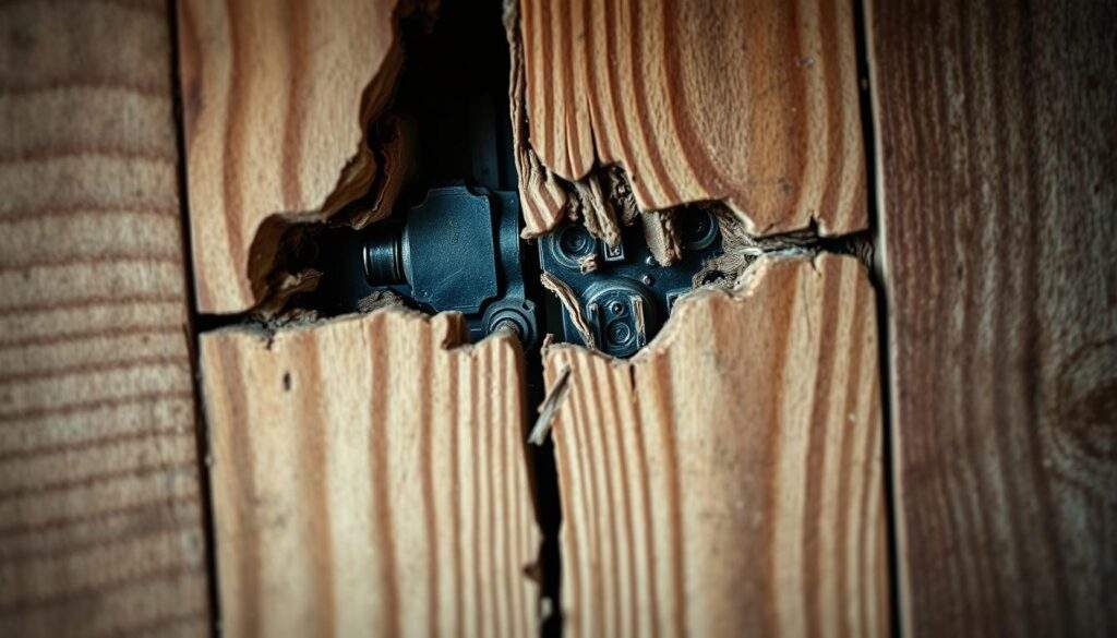 Detailed close-up photography of the intricate mechanisms and structural components behind the separation of wooden panels. Showcasing the underlying causes of panel displacement, such as warping, material fatigue, and environmental factors. Captured with the advanced lens and sensor capabilities of an iPhone 16 Pro Max, revealing the subtle textures, colors, and patterns that contribute to the deterioration. Dramatic lighting that accentuates the complexity and highlights the key problem areas, guiding the viewer's understanding of this common home repair issue.