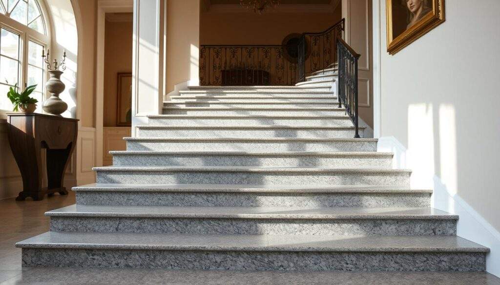 High-quality granite staircase in a well-lit, spacious entryway. The stairs are made of smooth, gray granite slabs with subtle veining patterns, leading up to a landing with decorative iron railings. Warm, natural lighting floods the scene, creating a welcoming and elegant atmosphere. The granite surface reflects the light, giving it a polished, luxurious appearance. The staircase is set against a backdrop of a classic, minimalist interior design with neutral-toned walls and décor, allowing the granite to be the focal point. The overall composition conveys the durability, beauty, and timeless appeal of granite as a premium material for both indoor and outdoor stairways.