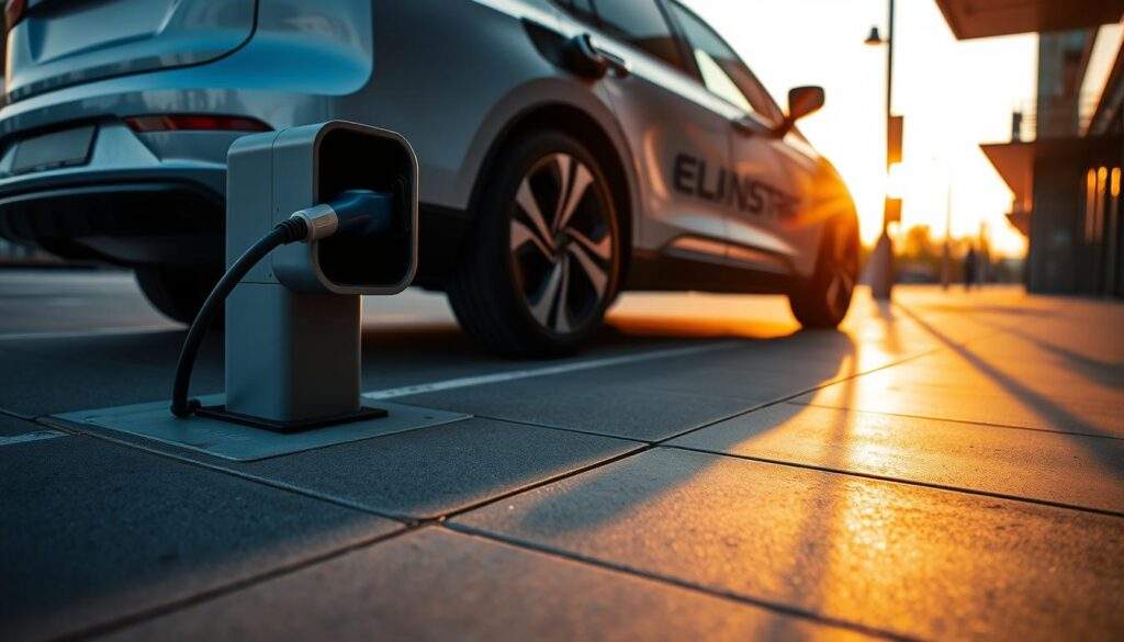 Sleek electric car charging station in a modern urban setting. Warm evening light softly illuminates the scene, casting long shadows across the smooth pavement. The vehicle's silhouette is reflected in the glossy surface, creating a sense of depth and symmetry. Minimalist design elements, such as the streamlined charging port and discreet signage, convey a polished, high-tech aesthetic. The overall atmosphere is one of efficiency, sustainability, and a glimpse into the future of transportation.