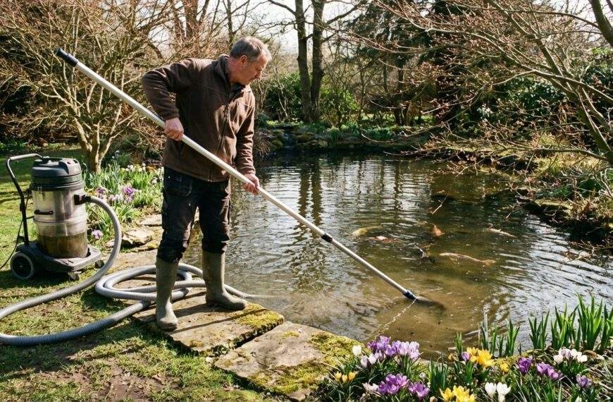 Wiosenne uruchomienie oczka wodnego z użyciem odkurzacza do szlamu