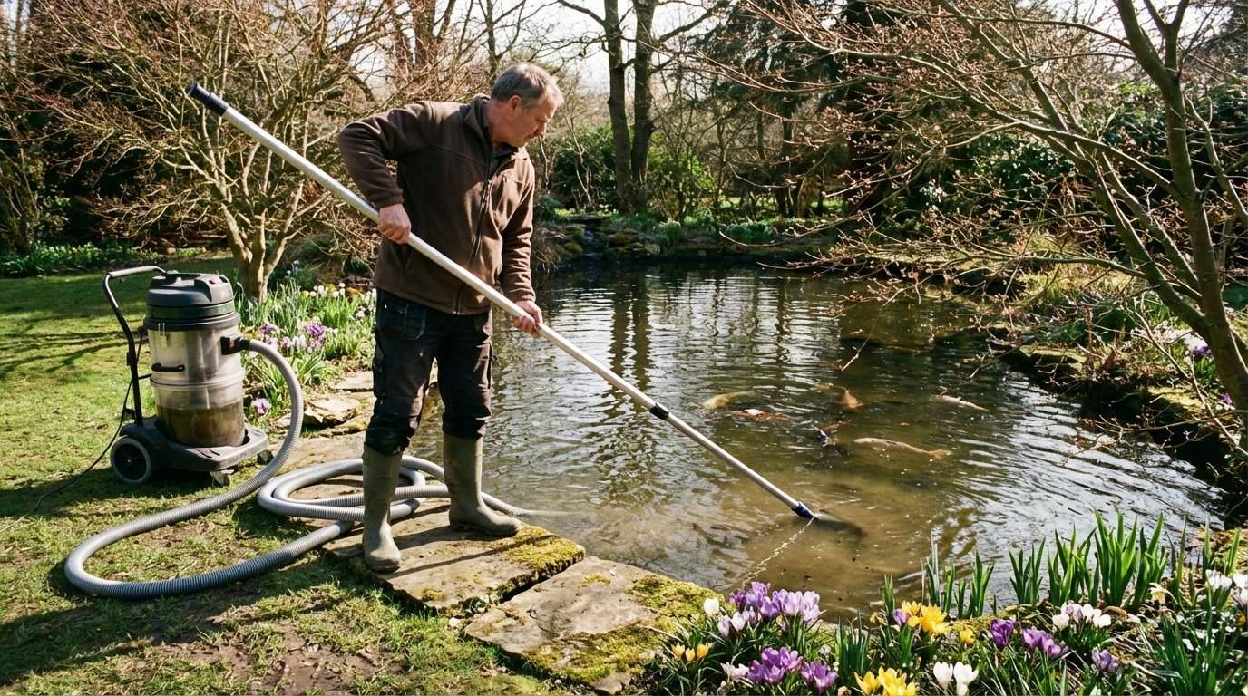 Wiosenne uruchomienie oczka wodnego z użyciem odkurzacza do szlamu