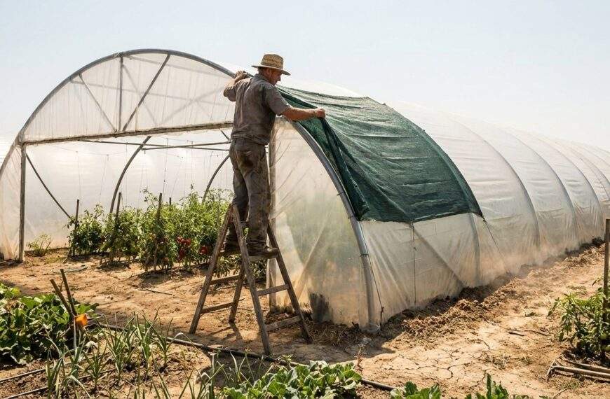 A wide shot of a dedicated gardener standing on a wooden ladder