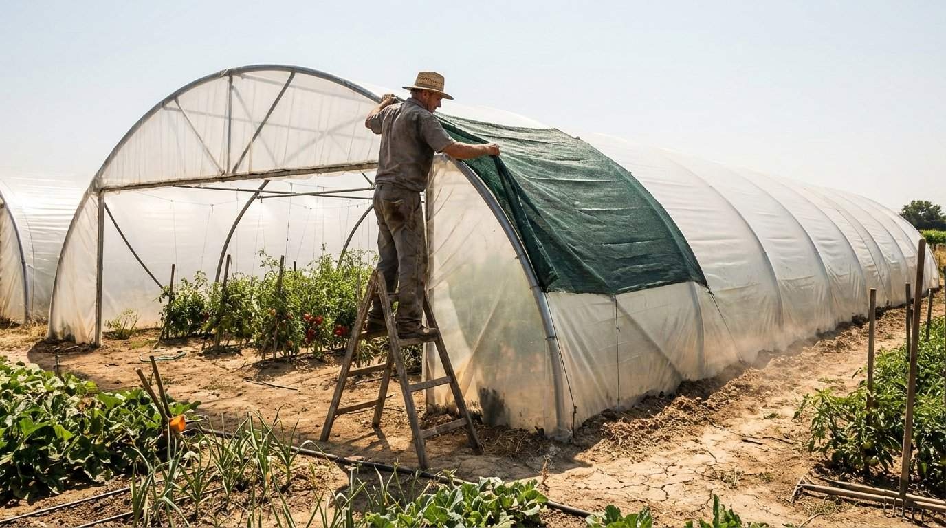 A wide shot of a dedicated gardener standing on a wooden ladder