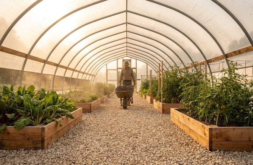 wide interior shot of a spacious high-tunnel greenhouse designed for optimal ergonomics