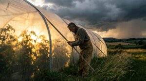 Wide shot of a determined gardener in rustic workwear reinforcing a large translucent polytunnel against an approaching storm during golden hour